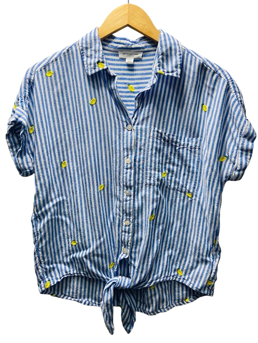 BEACHLUNCHLOUNGE Linen Blend  Lemon Striped Front Tie Top Women’s Small